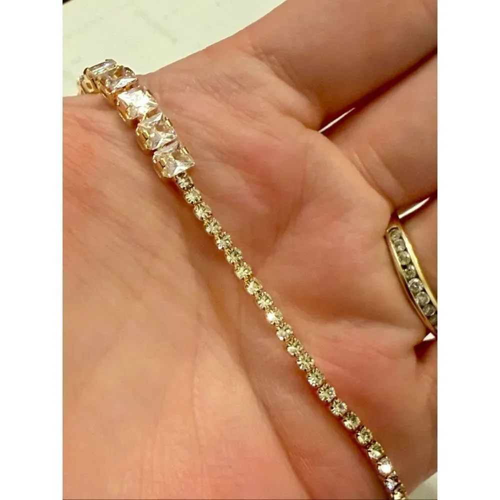 18K Gold Filled Crystal Tennis Bracelet Adjustable Slider Bolo Baguette Sparklin